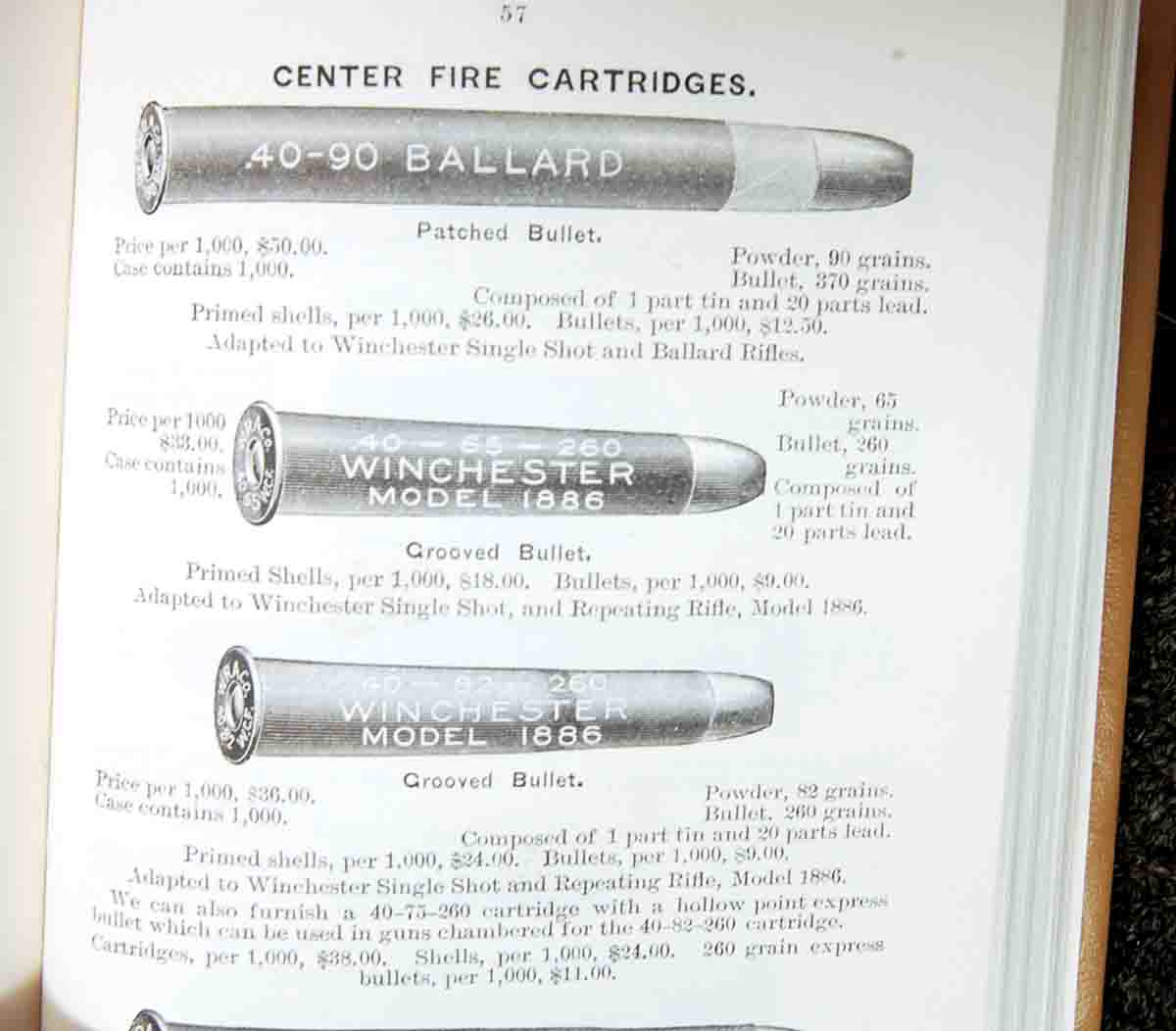 The June 1887 Winchester catalog page showed the first illustration of the .40-65-260 Winchester cartridge.